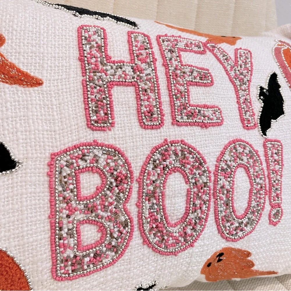Trick or Treat Hey Boo Beaded Halloween Lumbar Pillow Pink Orange Ghost Pumpkin‎